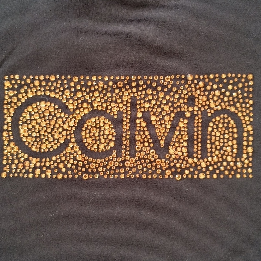 Calvin Klein Black With Gold Rhinestone Bling Short Sleeve Tee Size M - Picture 2 of 8